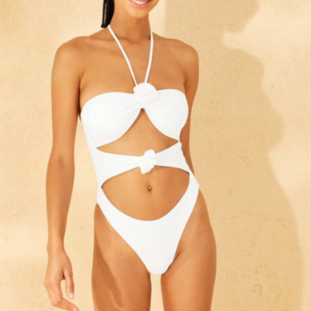 Rosette High Leg Cheeky One Piece Swimsuit - Wild Fable White M: Scoop Back